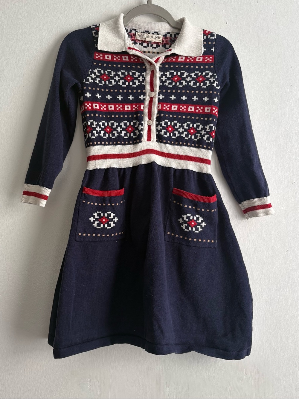 Hope & Henry Navy Fair Isle Sweater Dress Girls 6 Organic Cotton Pockets